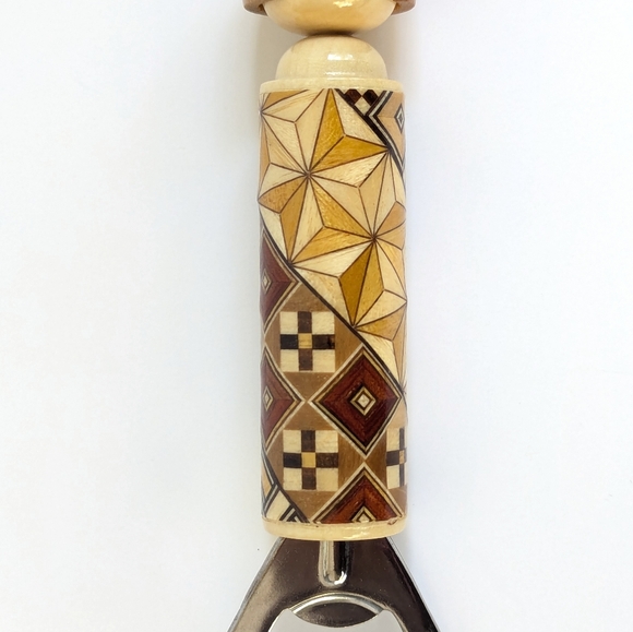 Japanese "Yosegi-zaiku" Marquetry Kokeshi Style Bottle Opener Handmade Folk Art - Picture 2 of 12